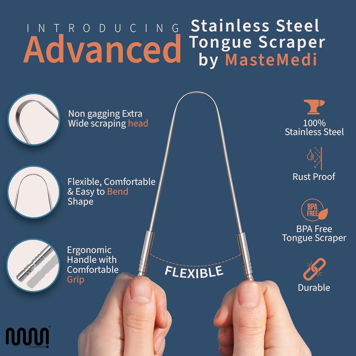 imageMasterMedi Tongue Scraper Bad Breath Treatment for Adults amp Kids Medical Grade 100 Stainless Steel Tongue Scrapers for Oral Care Easy to Use Tongue Cleaner with Ergonomic Design for HygienePack of 3 with Case Stailess Steel