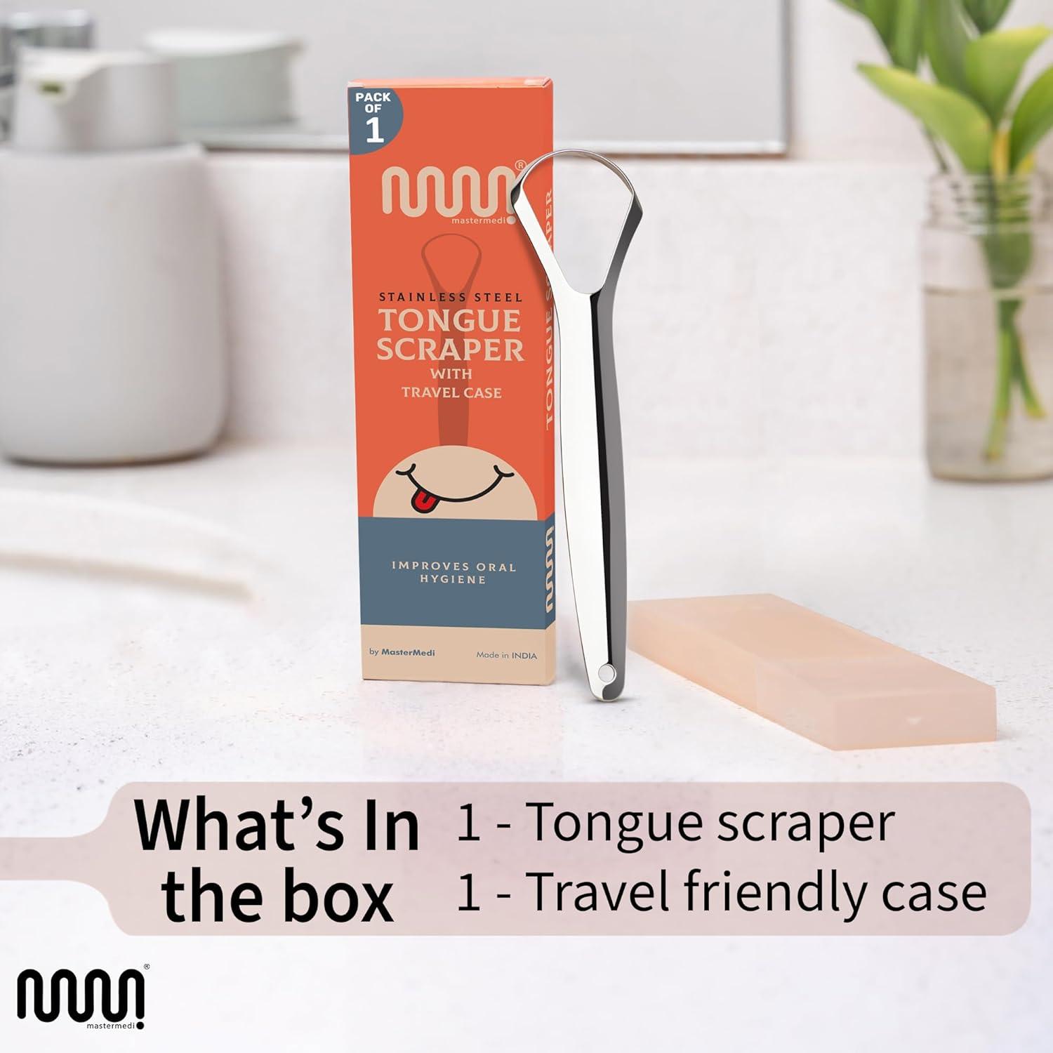 imageMasterMedi Tongue Scraper Bad Breath Treatment for Adults amp Kids Medical Grade 100 Stainless Steel Tongue Scrapers for Oral Care Easy to Use Tongue Cleaner with Ergonomic Design for HygieneSP TC Pack of 1 With Travel Case