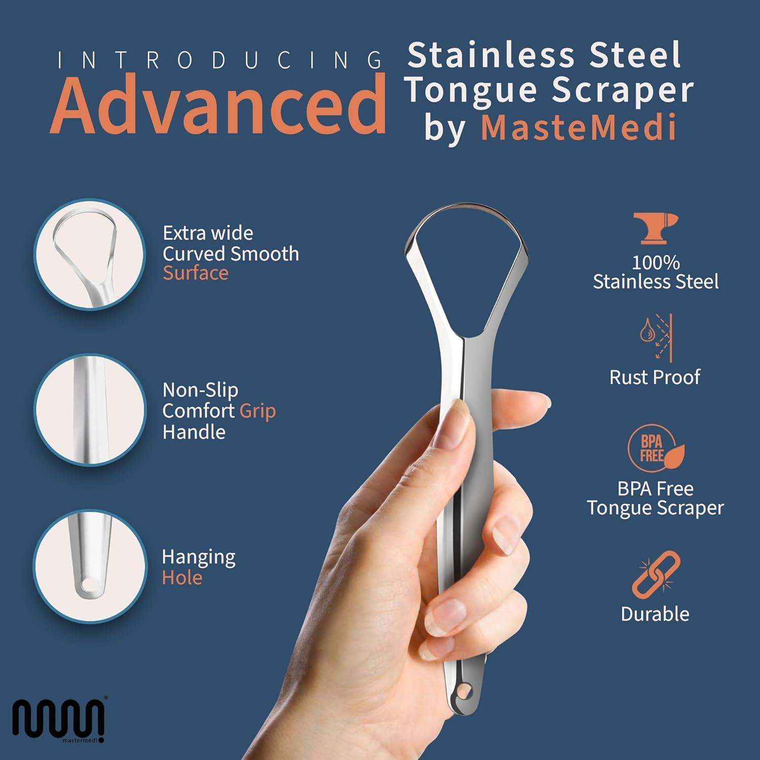imageMasterMedi Tongue Scraper Bad Breath Treatment for Adults amp Kids Medical Grade 100 Stainless Steel Tongue Scrapers for Oral Care Easy to Use Tongue Cleaner with Ergonomic Design for HygieneSP TC Pack of 1 With Travel Case