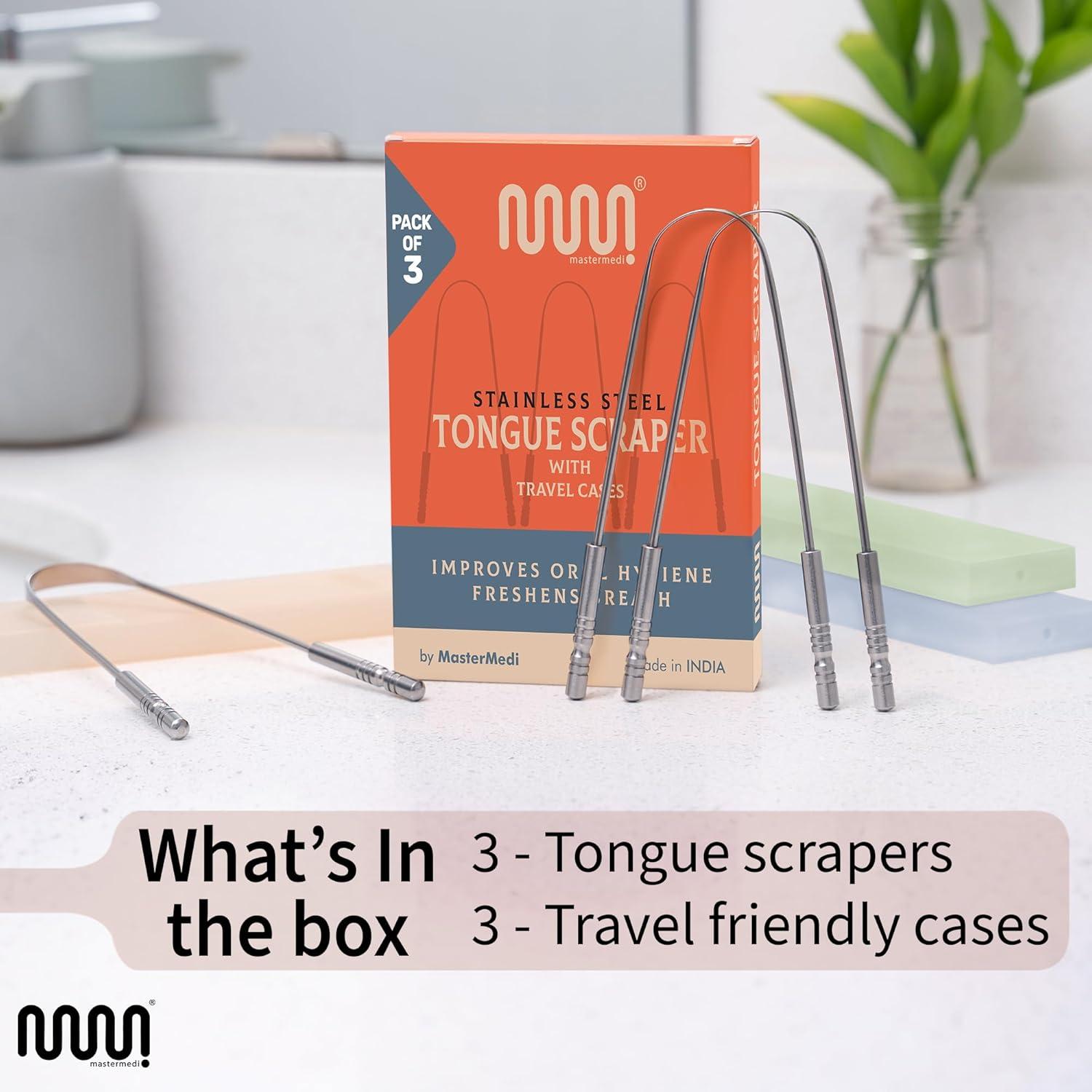 imageMasterMedi Tongue Scraper Bad Breath Treatment for Adults amp Kids Medical Grade 100 Stainless Steel Tongue Scrapers for Oral Care Easy to Use Tongue Cleaner with Ergonomic Design for HygienePack of 3 with Case Stailess Steel
