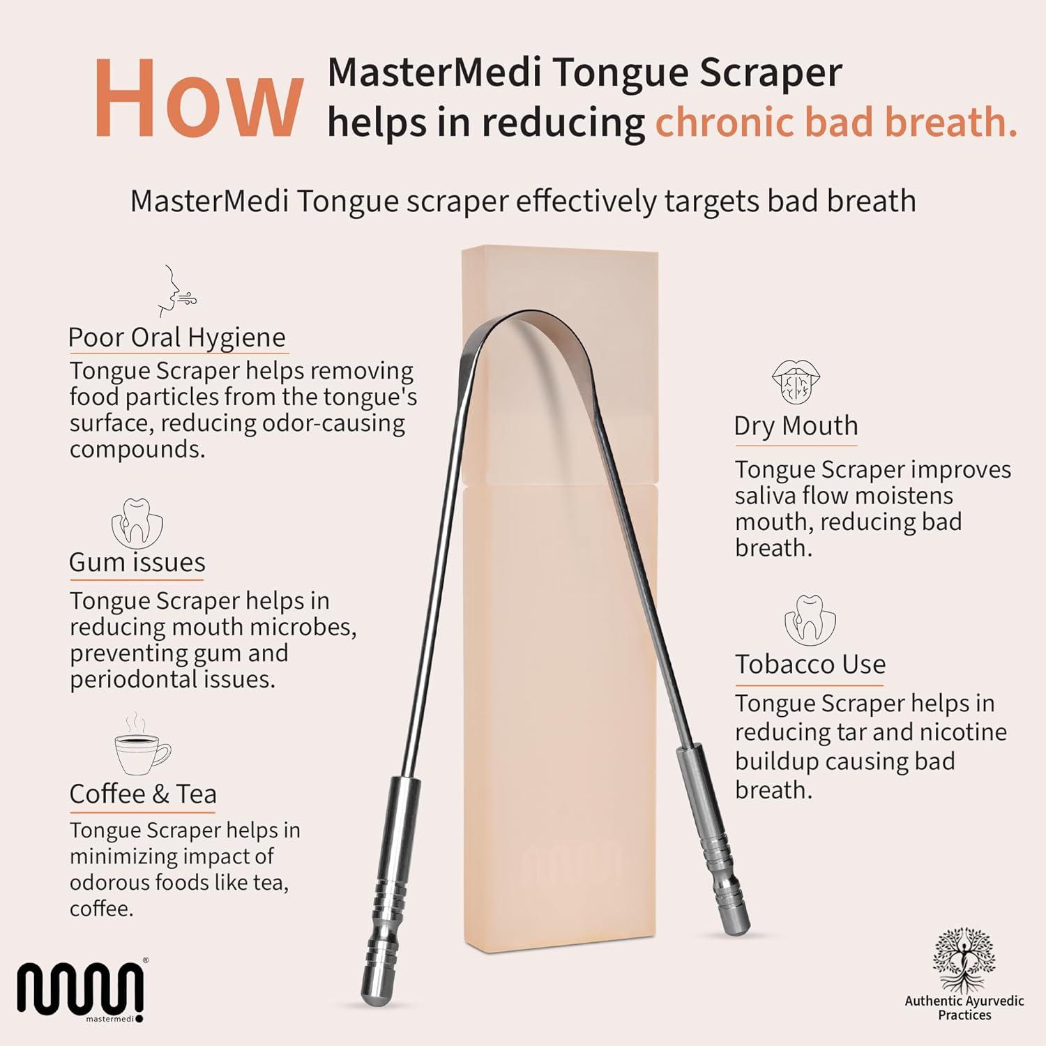 imageMasterMedi Tongue Scraper Bad Breath Treatment for Adults amp Kids Medical Grade 100 Stainless Steel Tongue Scrapers for Oral Care Easy to Use Tongue Cleaner with Ergonomic Design for HygienePack of 3 with Case Stailess Steel