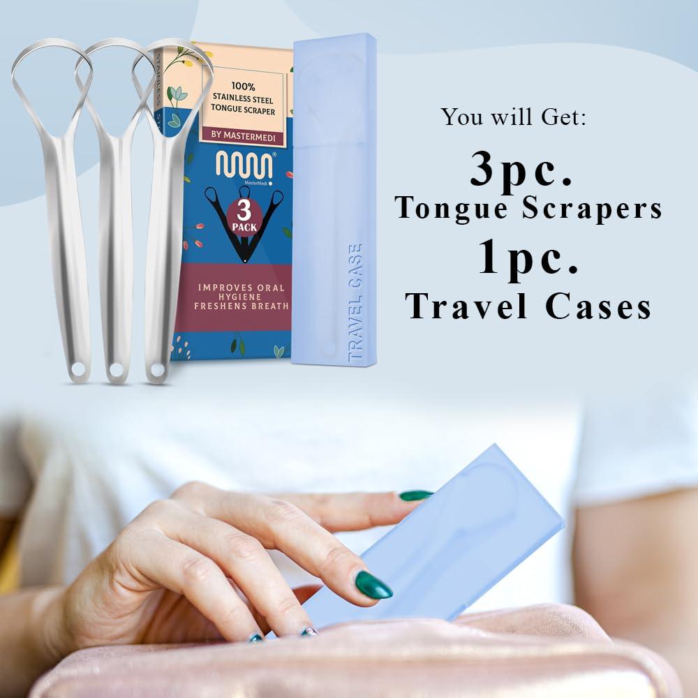 imageMasterMedi Tongue Scraper Bad Breath Treatment for Adults amp Kids Medical Grade 100 Stainless Steel Tongue Scrapers for Oral Care Easy to Use Tongue Cleaner with Ergonomic Design for HygieneSP TC Pack of 3 with Case