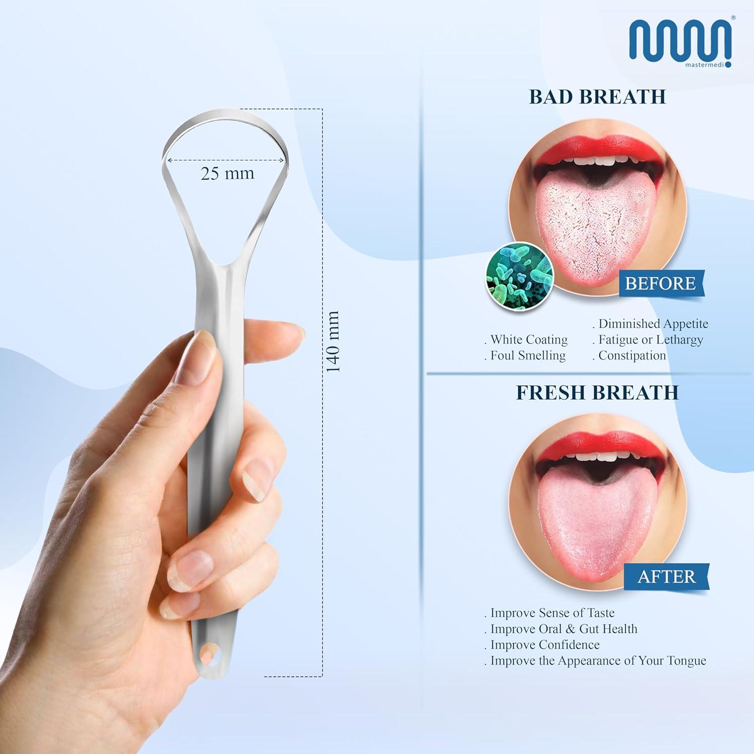 imageMasterMedi Tongue Scraper Bad Breath Treatment for Adults amp Kids Medical Grade 100 Stainless Steel Tongue Scrapers for Oral Care Easy to Use Tongue Cleaner with Ergonomic Design for HygieneSP TC Pack of 3 with Case