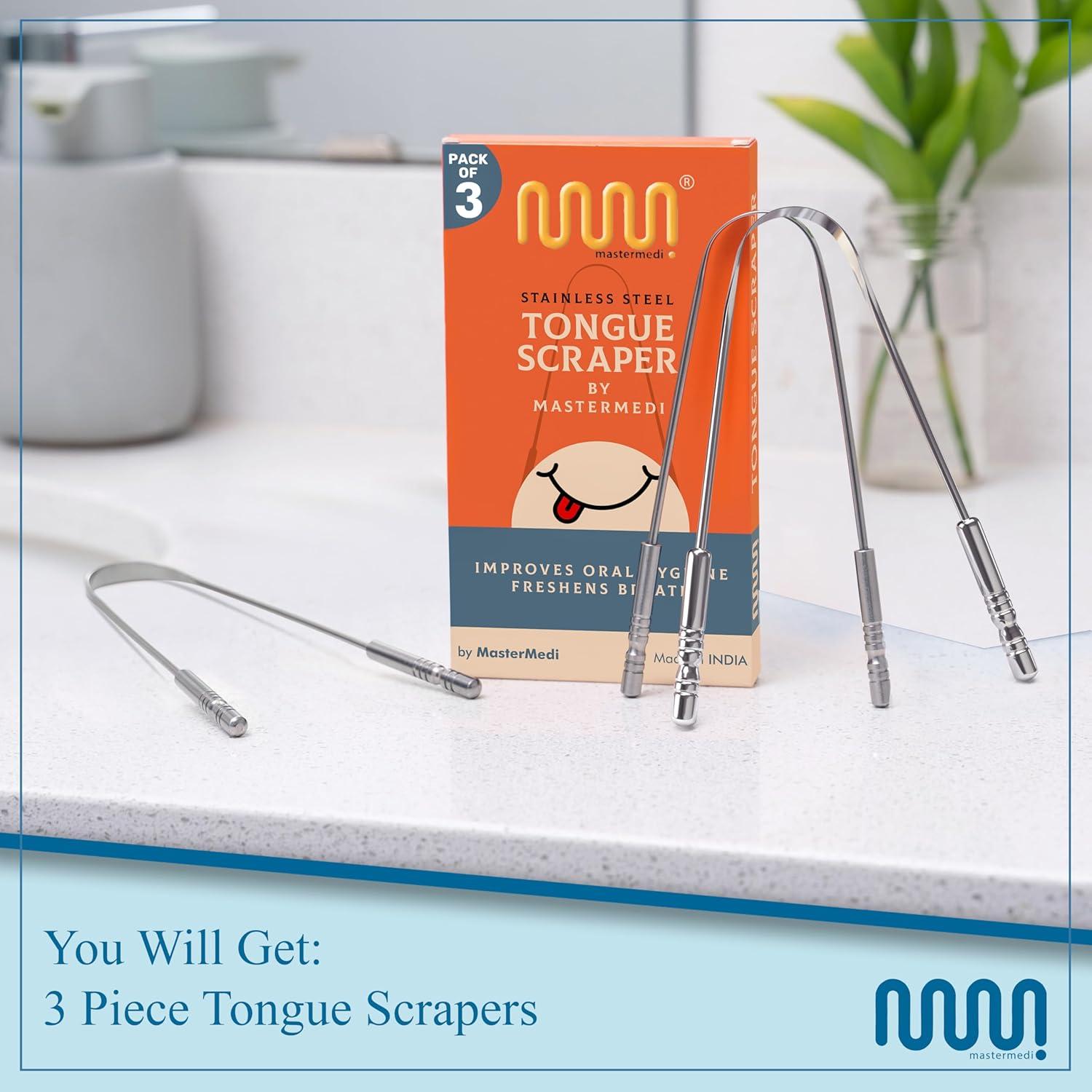 imageMasterMedi Tongue Scraper Bad Breath Treatment for Adults amp Kids Medical Grade 100 Stainless Steel Tongue Scrapers for Oral Care Easy to Use Tongue Cleaner with Ergonomic Design for HygieneSS TC Pack of 3