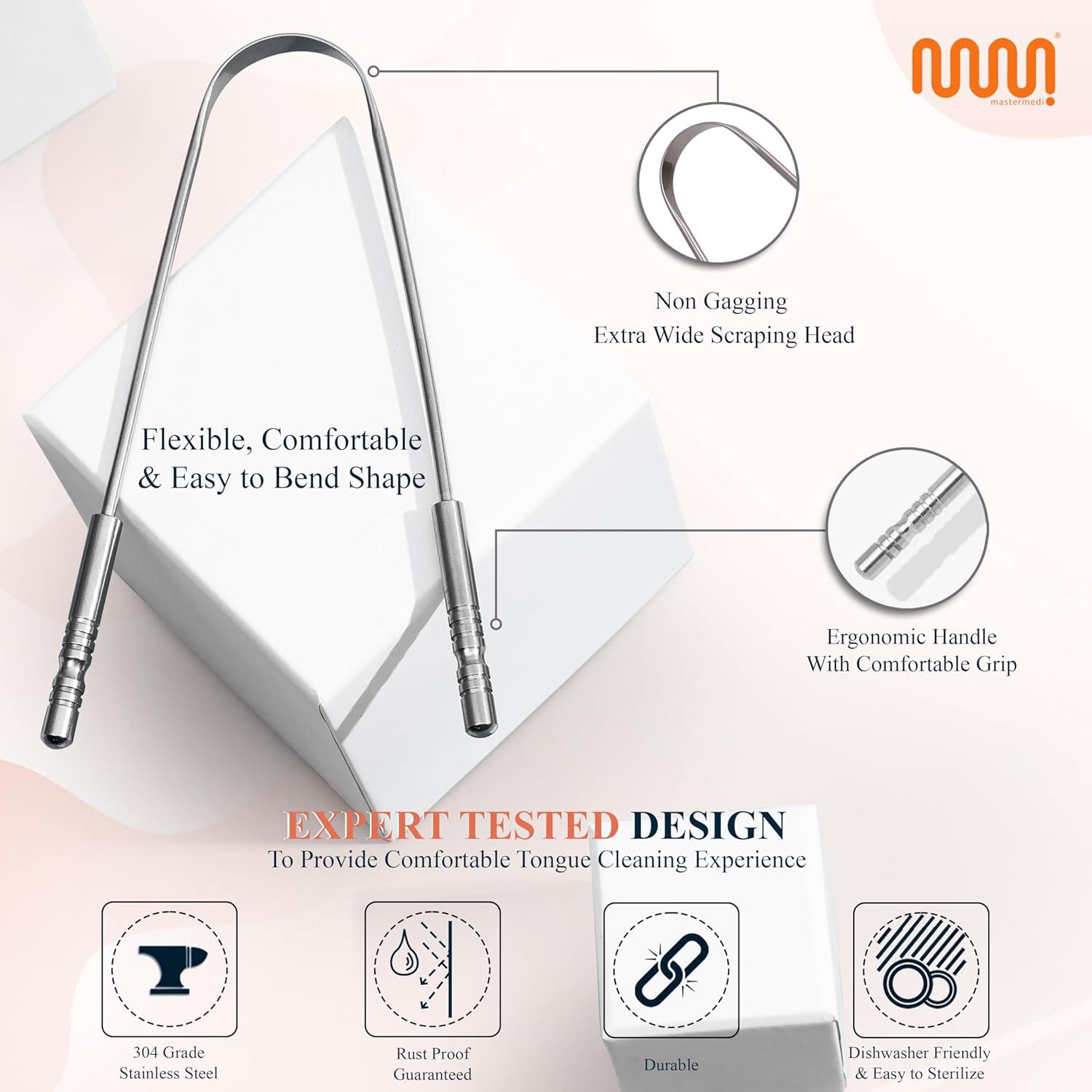 imageMasterMedi Tongue Scraper Bad Breath Treatment for Adults amp Kids Medical Grade 100 Stainless Steel Tongue Scrapers for Oral Care Easy to Use Tongue Cleaner with Ergonomic Design for HygieneCombo With Travel Cases