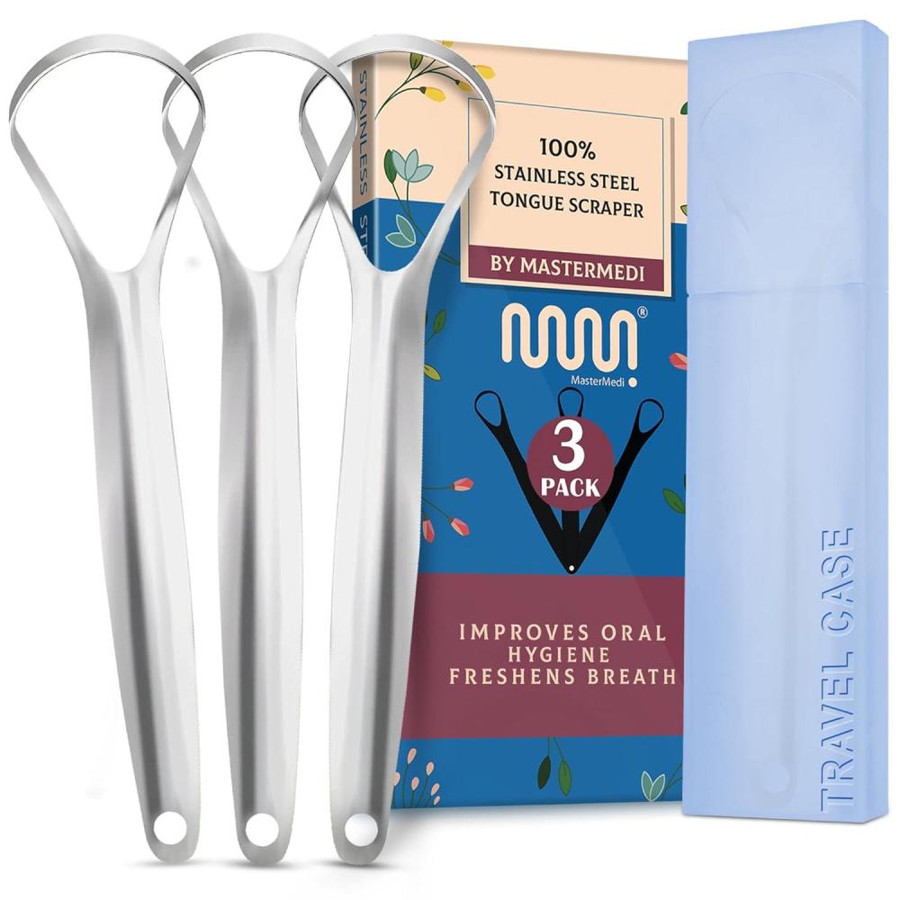 imageMasterMedi Tongue Scraper Bad Breath Treatment for Adults amp Kids Medical Grade 100 Stainless Steel Tongue Scrapers for Oral Care Easy to Use Tongue Cleaner with Ergonomic Design for HygieneSP TC Pack of 3 with Case