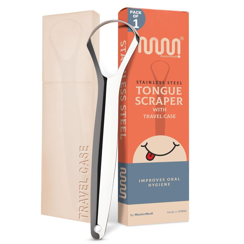 imageMasterMedi Tongue Scraper Bad Breath Treatment for Adults amp Kids Medical Grade 100 Stainless Steel Tongue Scrapers for Oral Care Easy to Use Tongue Cleaner with Ergonomic Design for HygieneSP TC Pack of 1 With Travel Case